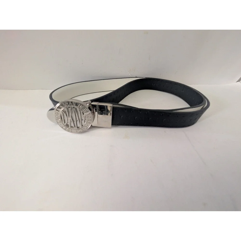 DKNY Donna Karan New York Reversible Belt Black Silver Logo Buckle 42in Y2K